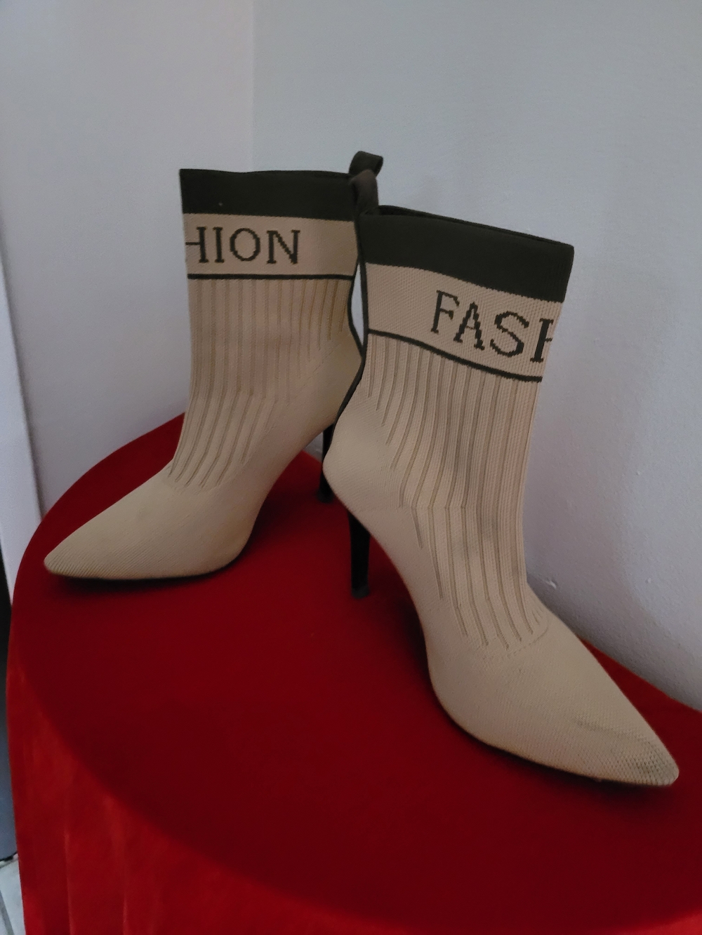 Ash Beige Knit Sock Booties with Black Cuff